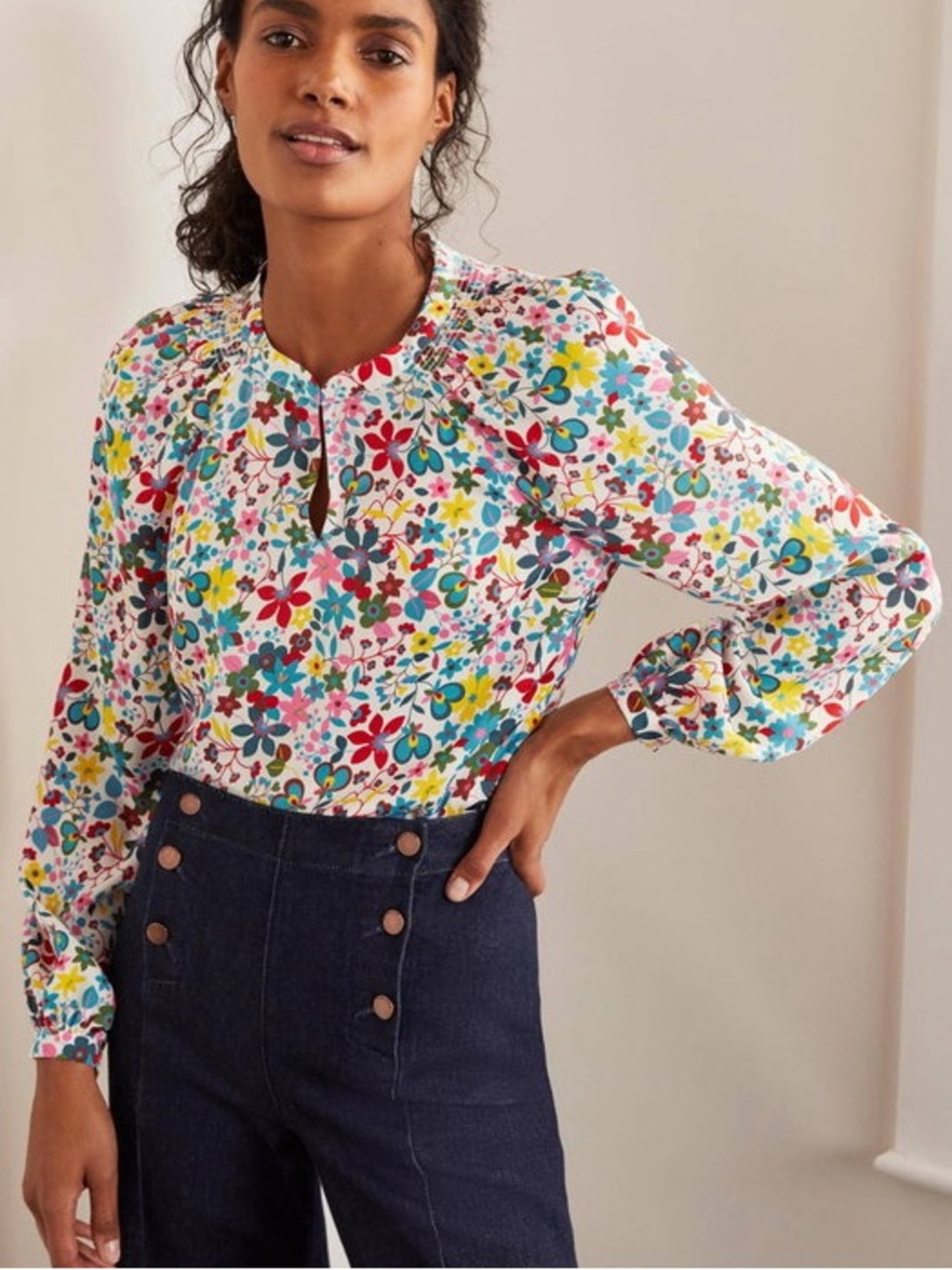 Boden floral Kitty keyhole neckline vibrant retro whimsical blouse size US 4